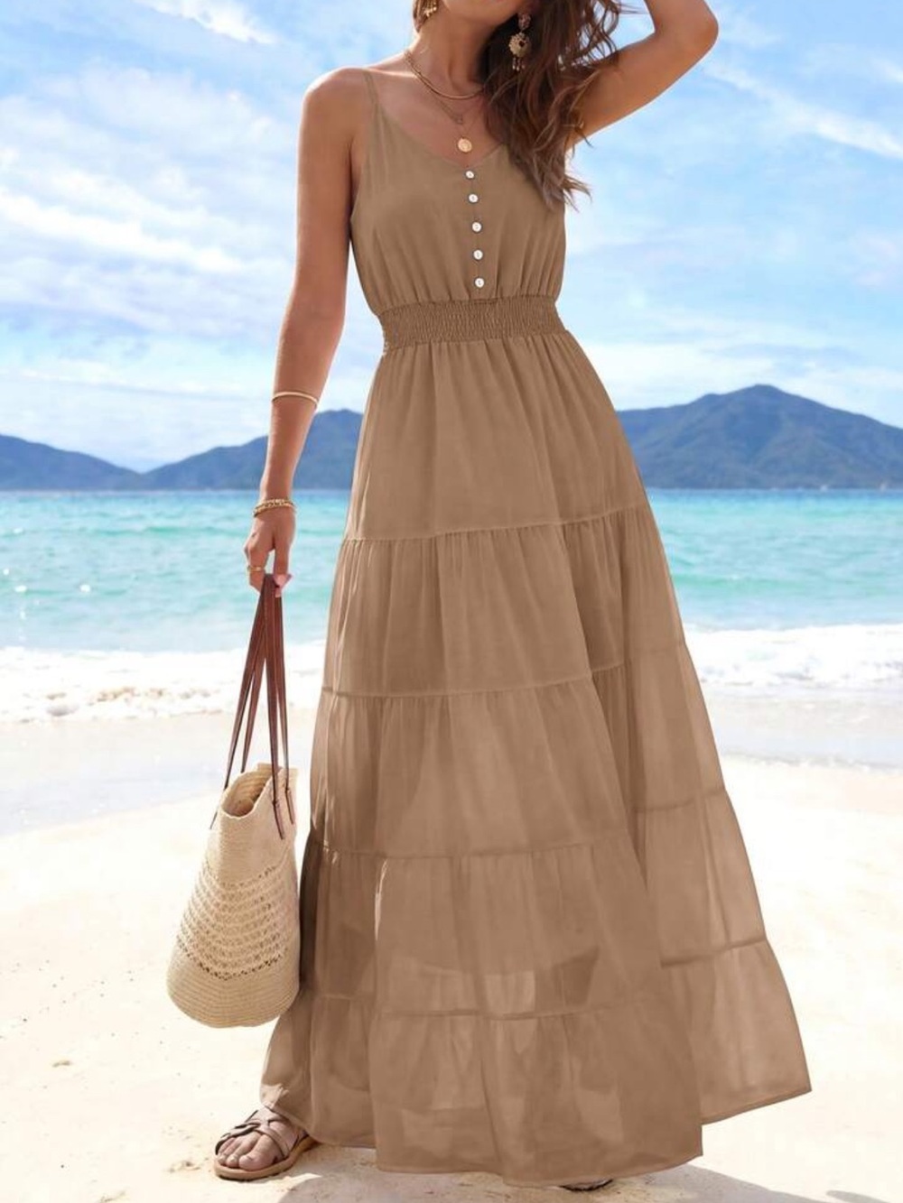 Sleeveless Tan Maxi Dress with Smocked Waist